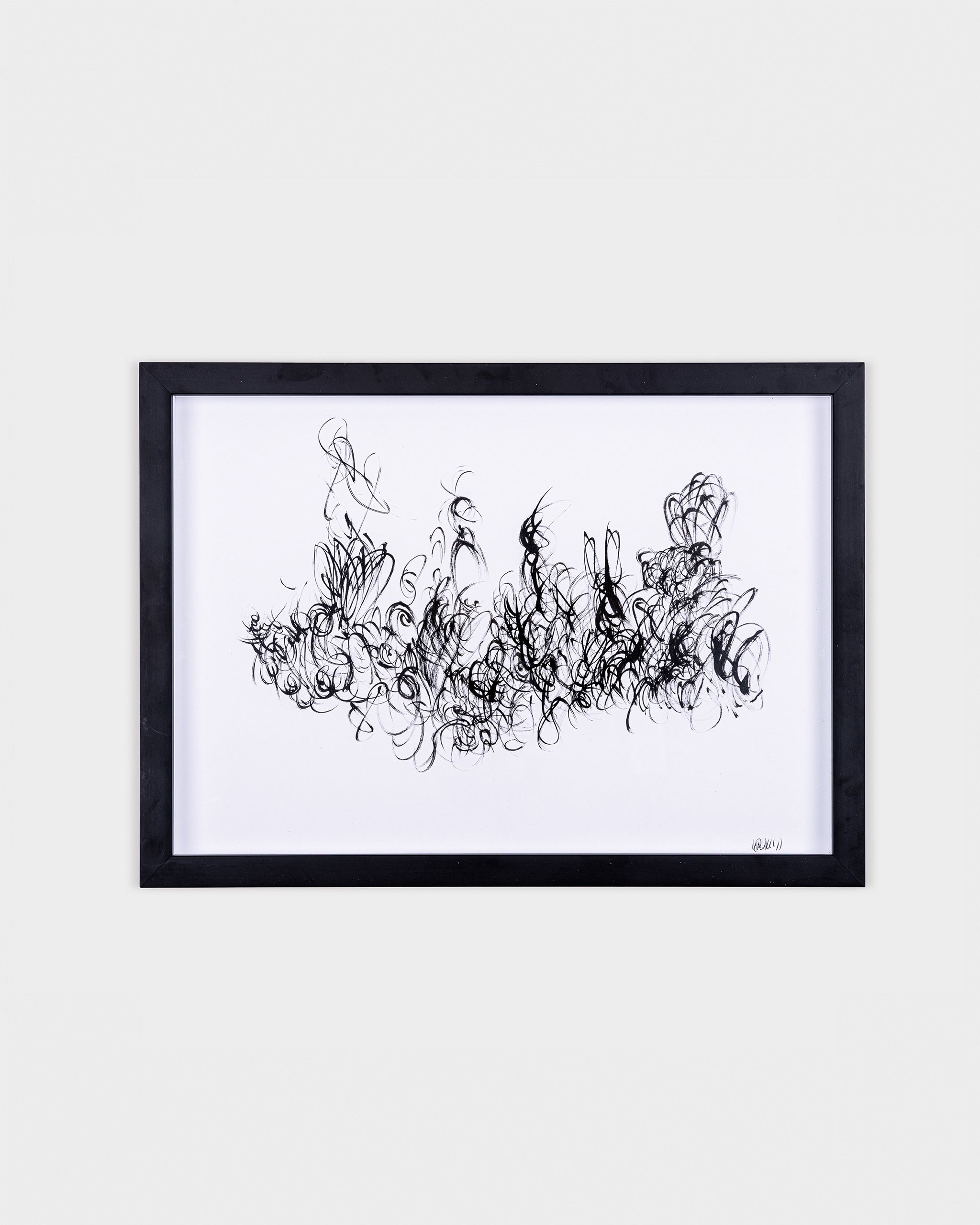 Ink on paper artwork titled “Melancholy” by Ali Khanafer, with swirling black line work framed in a minimalist black frame.