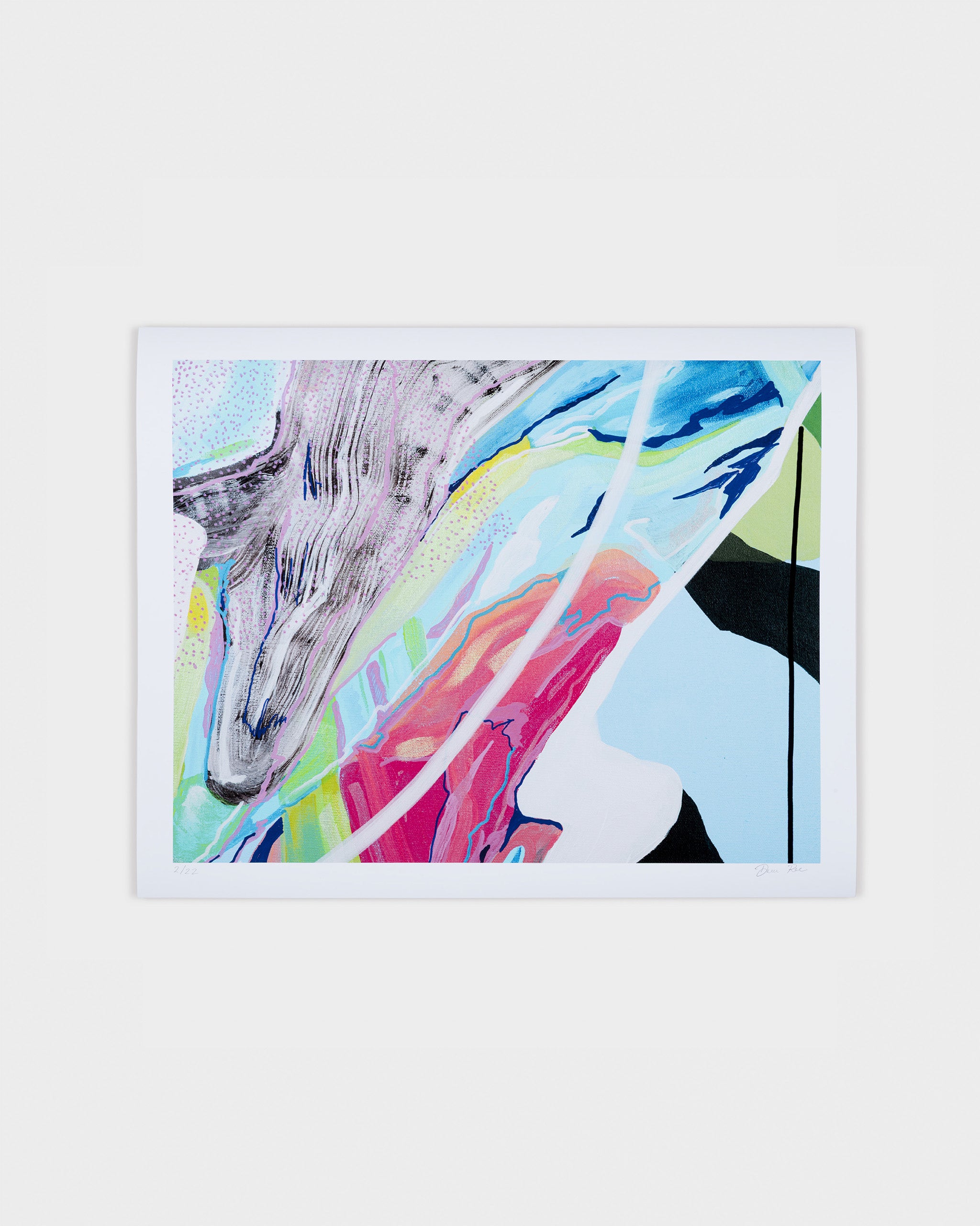 Abstract print “SLR” by Diane Roe, featuring a fluid blend of pink, lavender, aqua, and black with gestural linework and texture.