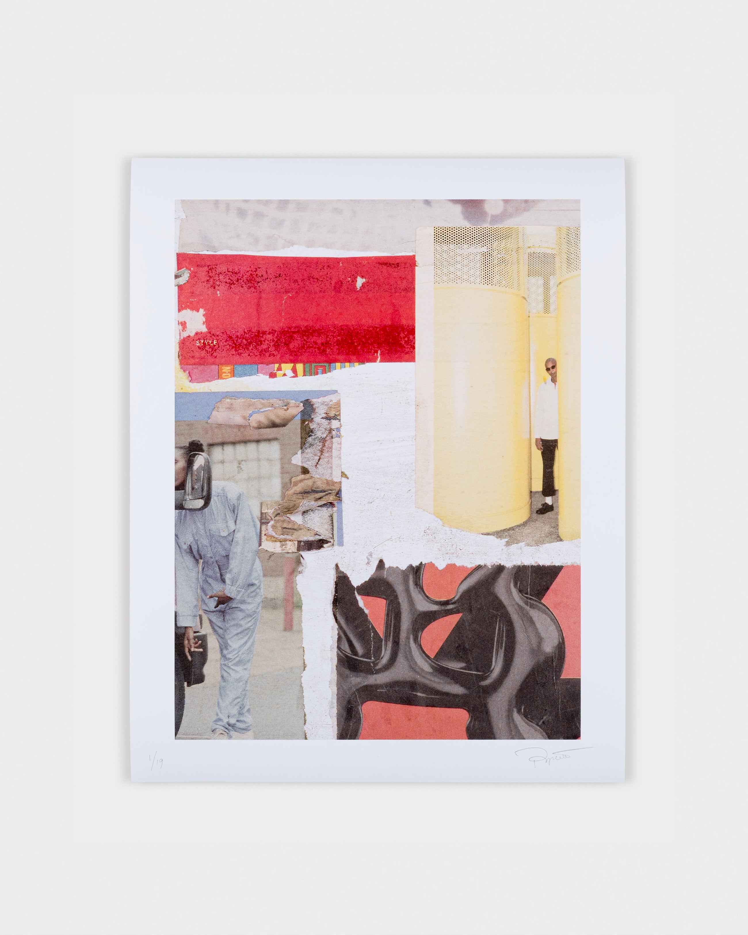 Surreal print titled “The World” by Jeremy Paguet, composed of layered collage visuals, geometric fragments, and pop references.