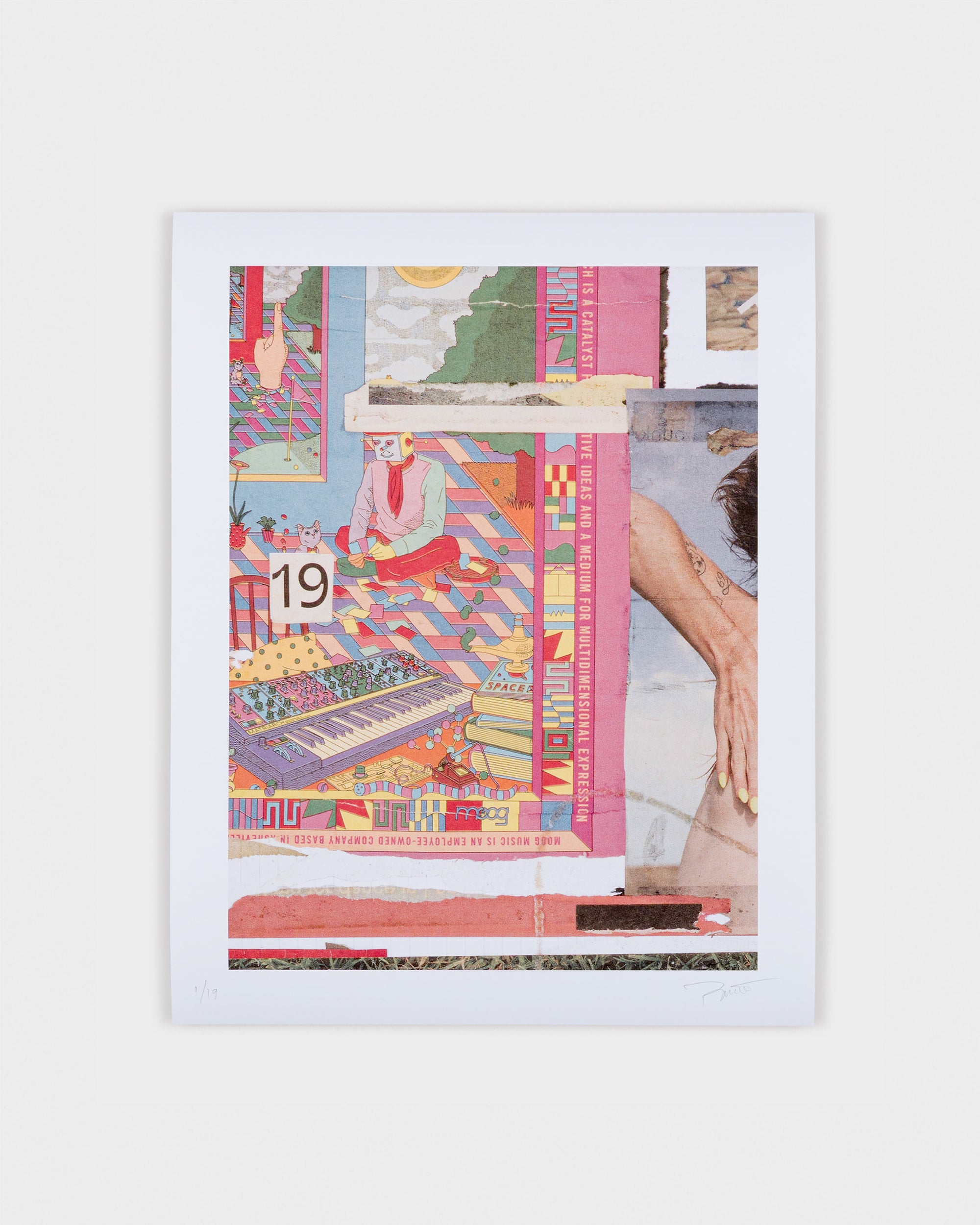 Vibrant print titled “19” by Jeremy Paguet, featuring surreal collage elements, geometric patterns, and handwritten typography