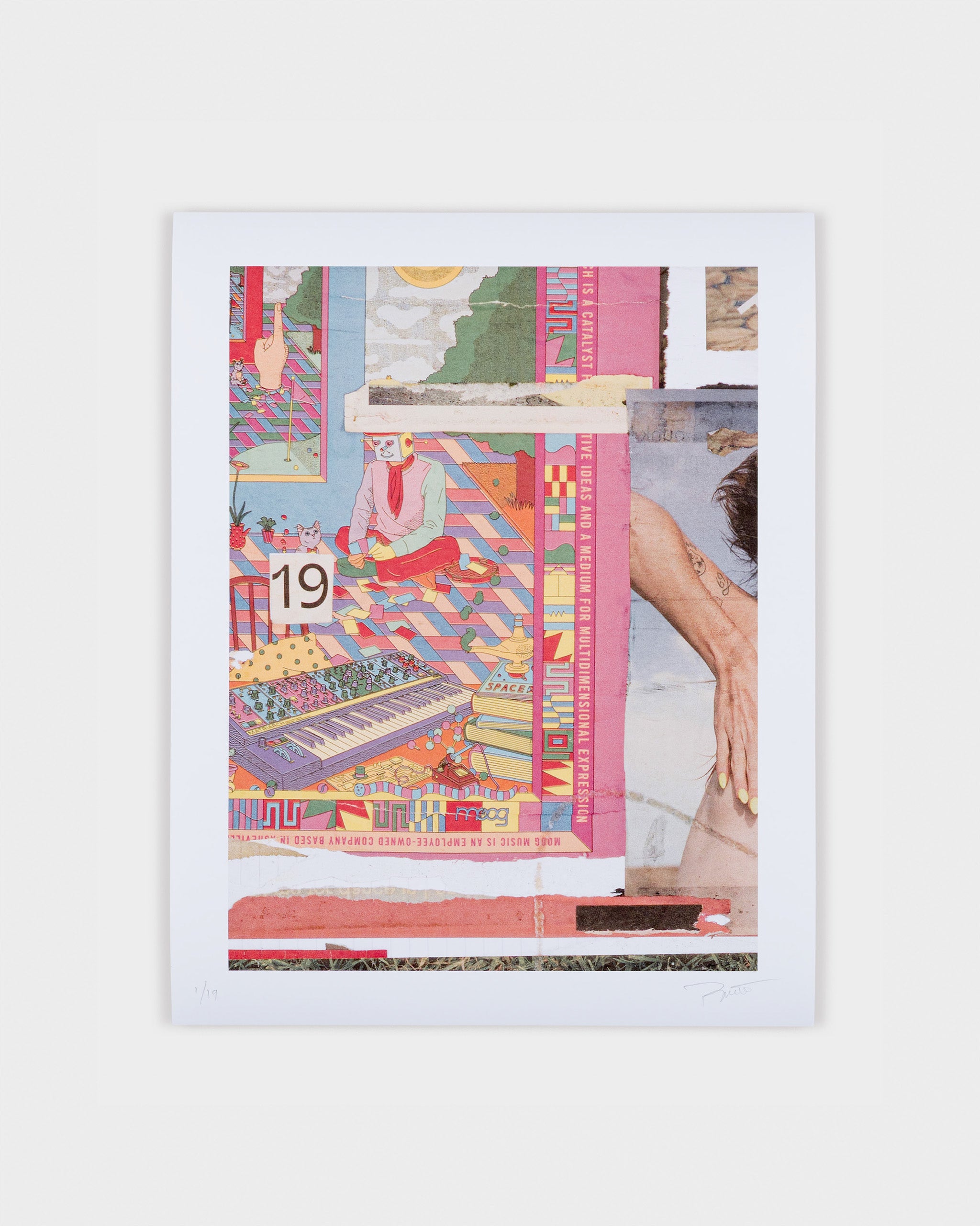 Vibrant print titled “19” by Jeremy Paguet, featuring surreal collage elements, geometric patterns, and handwritten typography