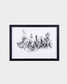Ink on paper artwork titled “Melancholy” by Ali Khanafer, with swirling black line work framed in a minimalist black frame.