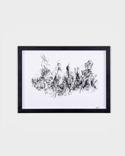 Ink on paper artwork titled “Melancholy” by Ali Khanafer, with swirling black line work framed in a minimalist black frame.