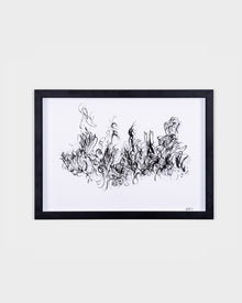 Ink on paper artwork titled “Melancholy” by Ali Khanafer, with swirling black line work framed in a minimalist black frame.