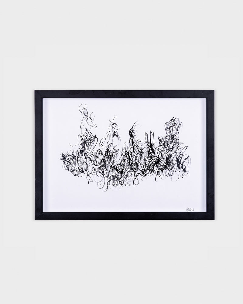 Ink on paper artwork titled “Melancholy” by Ali Khanafer, with swirling black line work framed in a minimalist black frame.