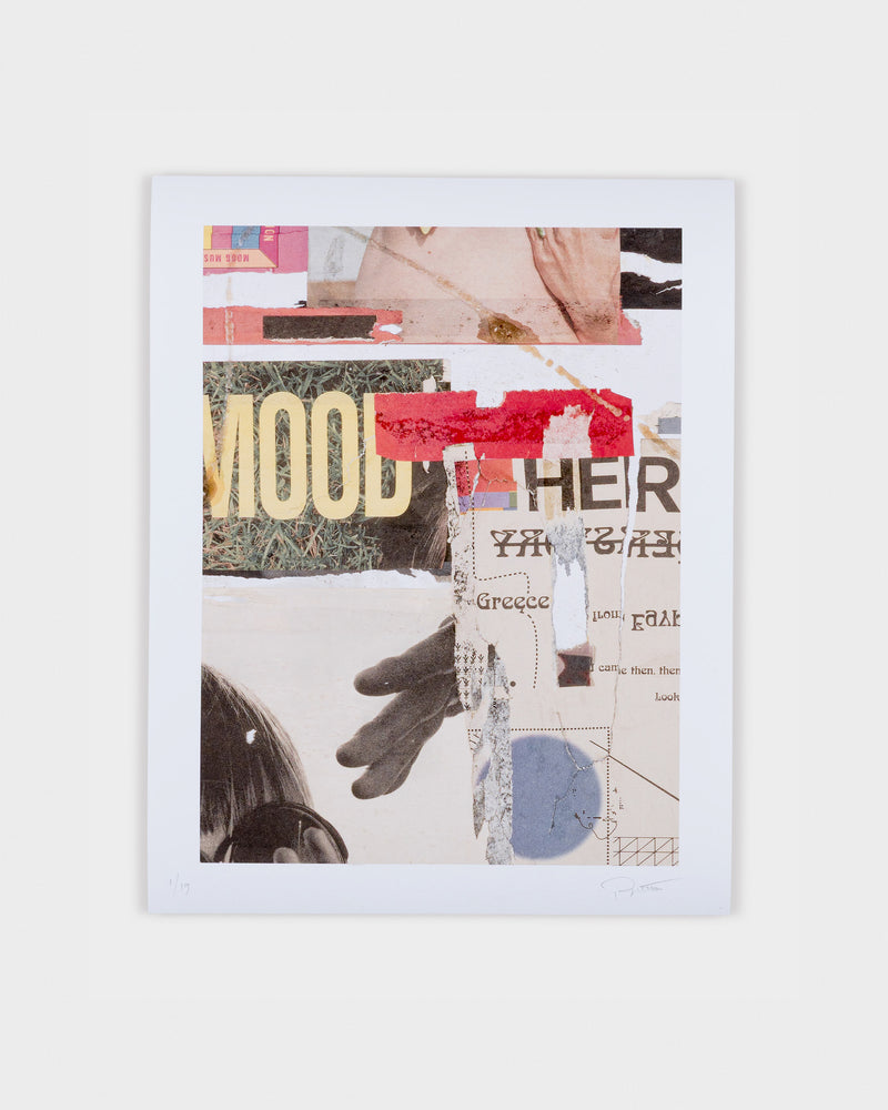 Collage print “Mood” by Jeremy Paguet, combining found imagery, red paint, and layered text with a hand-signed edition number.