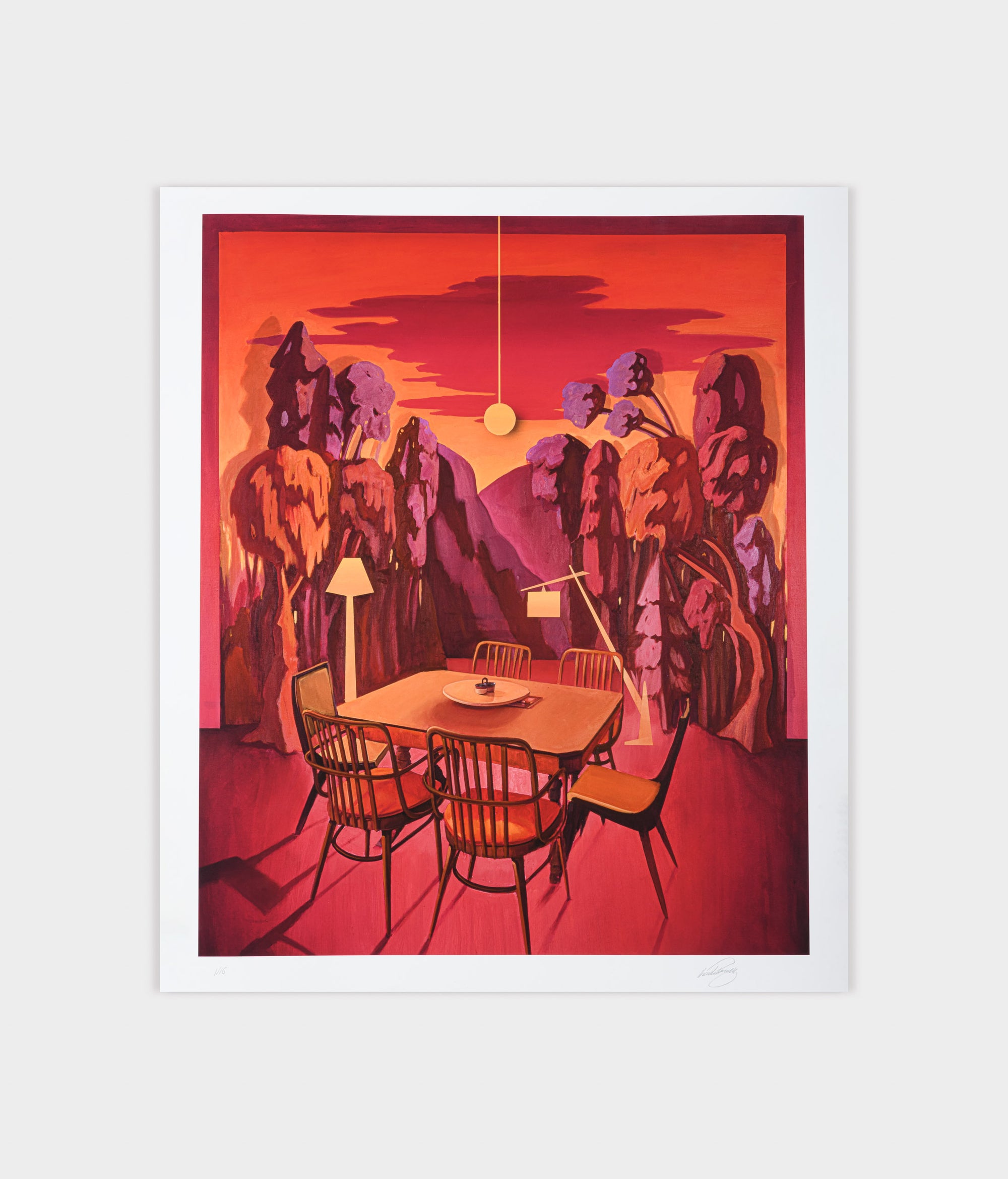 Print artwork of a stylized dining room with red and orange tones.