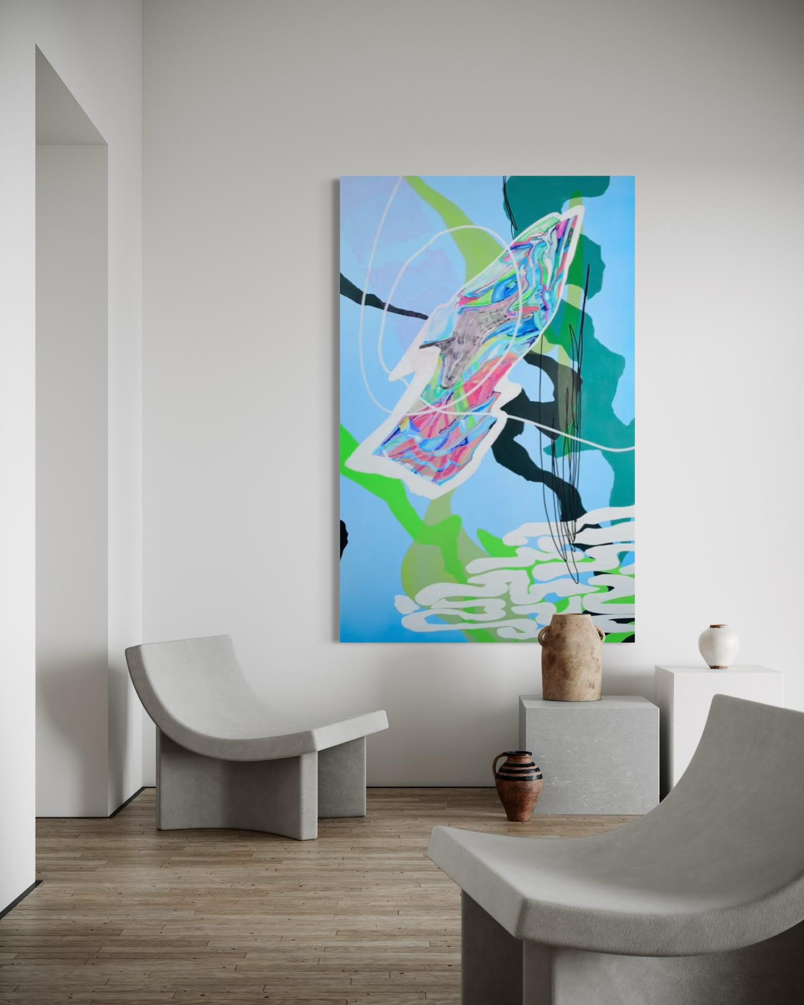 Abstract painting on a wall in a modern room with furniture