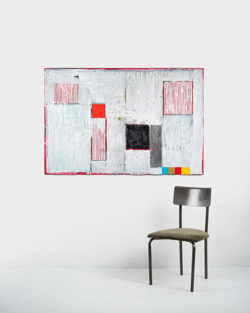 "Fluo" by Jean-Michel Correia, a contemporary artist based in Montreal – abstract painting inspired by Pierre Boulez’s 1966 composition "Éclats multiples," incorporating musical score elements from IRCAM in Paris into a vibrant, open-ended visual exploration.